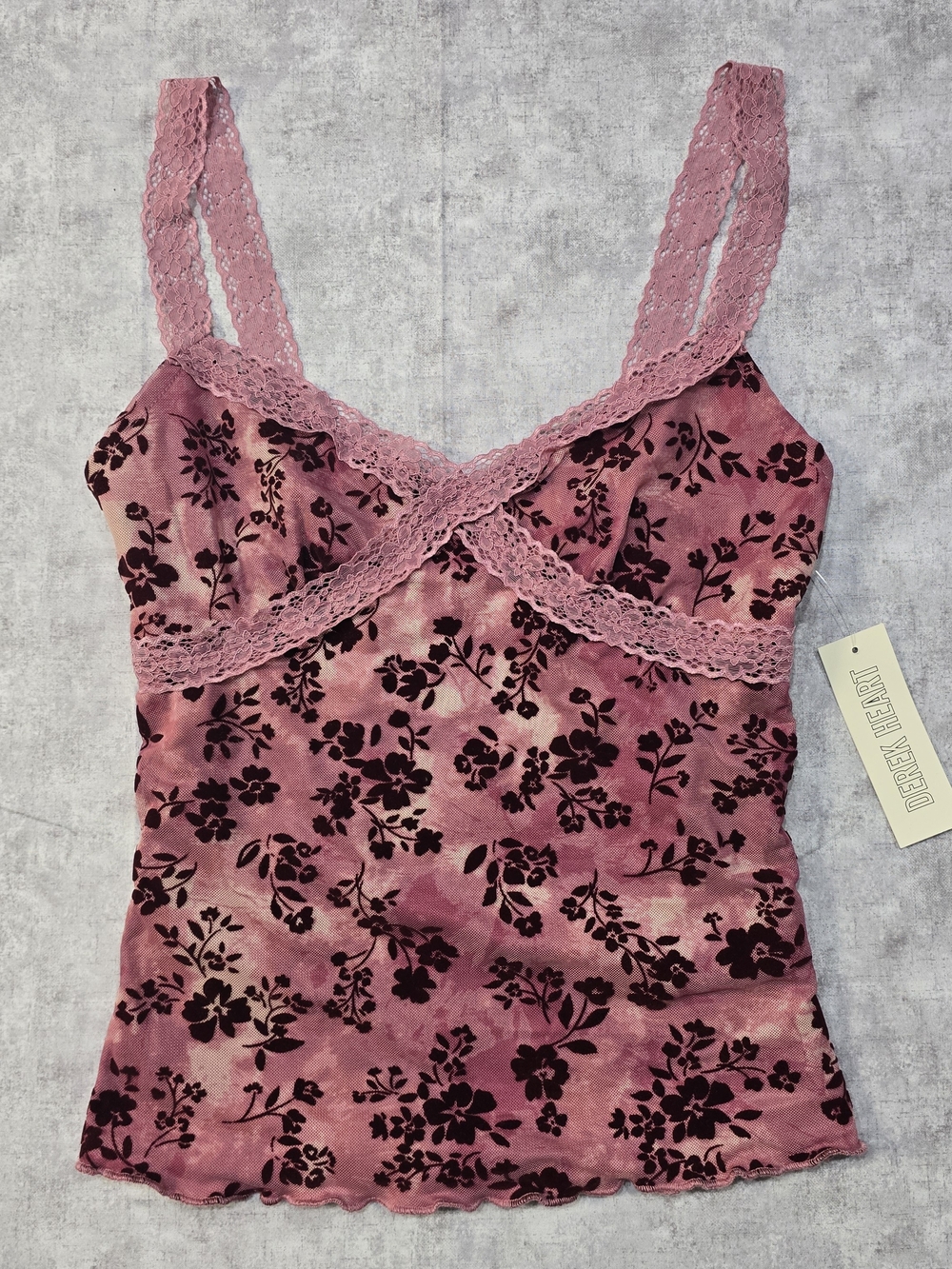 Derek Heart Pink Floral Lace Mesh Cami Top M
